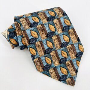 Ermenegildo Zegna Disegno Esclusivo 100% Silk‎ Necktie Fall Leaves Blue Tan